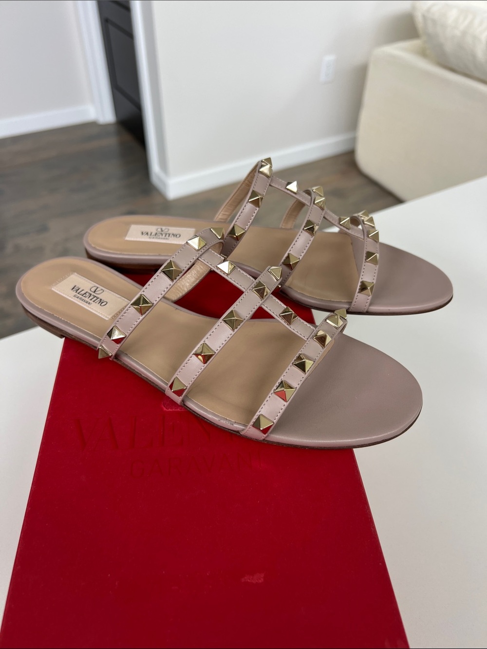 Valentino Garavani rockstud caged flat open toe slide sandals blush nude pink